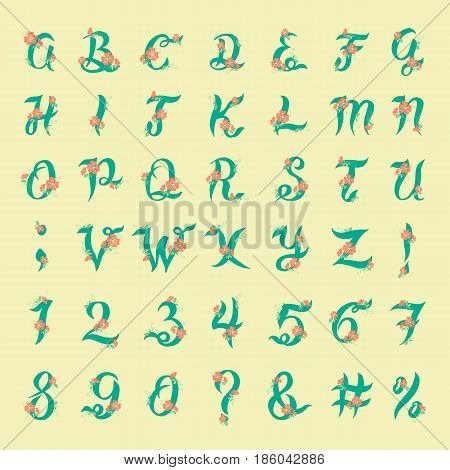 Vector colorful flower font nature colorful summer type and hand drawn alphabet spring beautiful flora set blossom lettering romantic cute design illustration. Romantic cute lettering with plants.