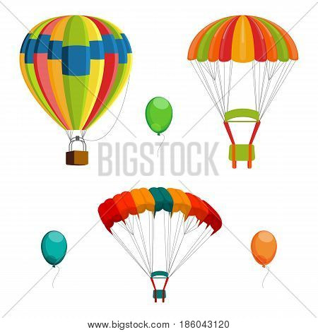 Set of colorful air balloon and parachutes realistic vector illustration isolated on white background. Air mean of transport and flying brolly