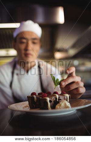 Close-up of male chef garnishing dessert plate in commercial kitchen