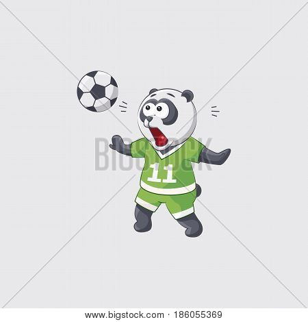 Stock vector illustration sticker emoji emoticon emotion isolated illustration character cute little kicker panda in awe catches flying ball football player goalkeeper forward defender gray background.