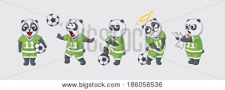 Set kit collection sticker emoji emoticon emotion vector isolated illustration happy character sweet cute little kicker panda football player goalkeeper forward defender gray background for mobile app.