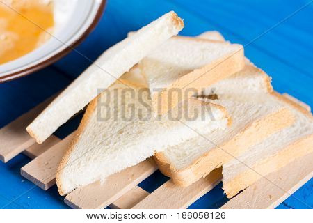 Flat Lay Mixed Eggs With Toast Bread For French Toast