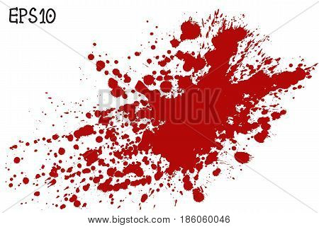 Blood splatter vector illustration. Red splash and drops on white background.