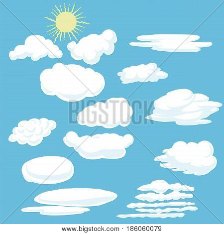 Cartoon clouds and sun. Vector illustration on blue background.