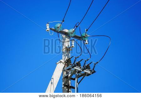 Tangle of Electrical Wires on Power Pole. Overhead power lines