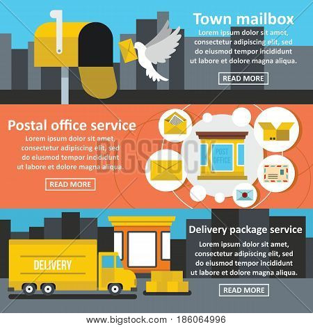 Postal service banner horizontal concept set. Flat illustration of 3 postal service vector banner horizontal concepts for web
