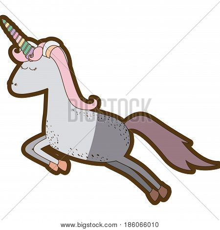 white background with cartoon unicorn with stains and jumping and thick contour vector illustration