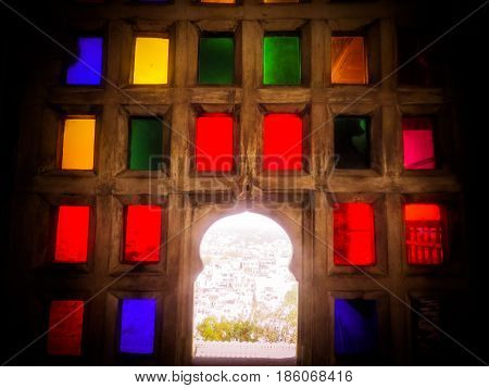 Colorful glass royal ancient windows in Rajasthan architechture