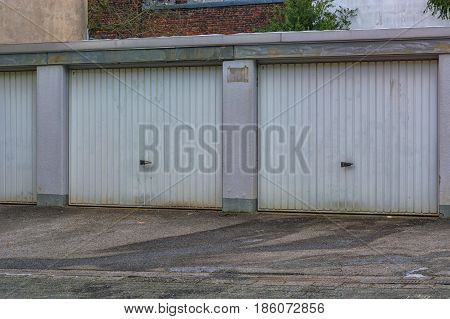 Car rows garages. Car garage with closed gates.