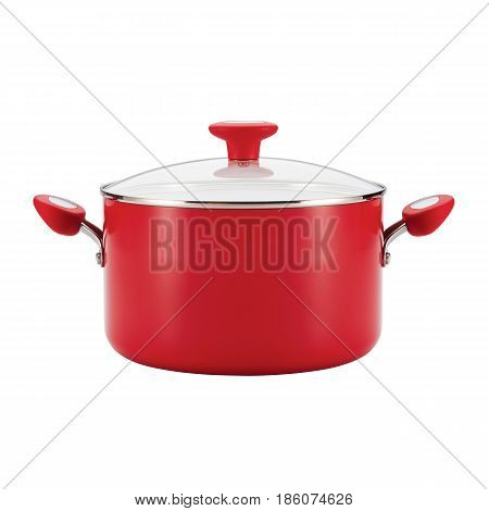 Red Enamel Coating Nonstick Stockpot With Glass Lid Isolated On White Background. Cooking Pots. Cook