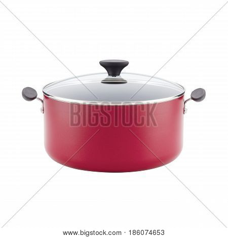 Red Enamel Coating Nonstick Stockpot With Lid Isolated On White Background. Cooking Pot. Cooking Pan
