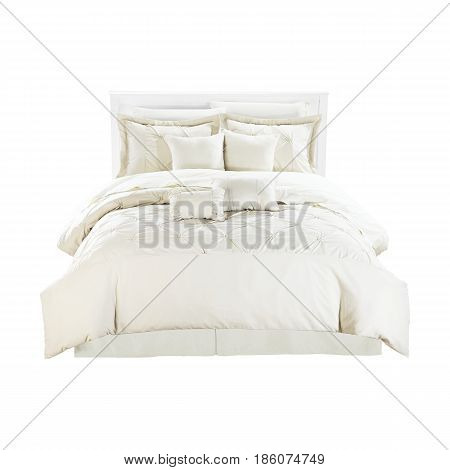 Contemporary White Bed With Linen Isolated On White Background. Front View