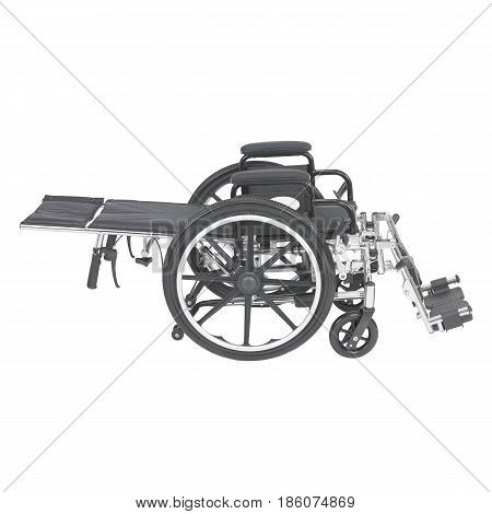 Reclining Wheelchair with Padded Arms and Elevating Leg Rest Isolated on White Background. Transport Chair. Medical Equipment. Side View