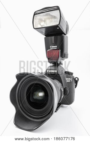 GOMEL BELARUS - May 12 2017: Canon 6d camera with lens on a white background. Canon is the world's largest SLR camera manufacturer