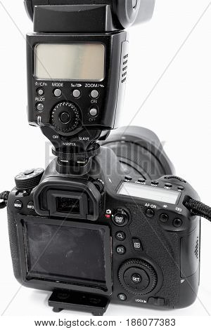 GOMEL BELARUS - May 12 2017: Canon 6d camera with lens on a white background. Canon is the world's largest SLR camera manufacturer
