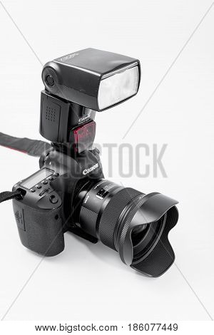 GOMEL BELARUS - May 12 2017: Canon 6d camera with lens on a white background. Canon is the world's largest SLR camera manufacturer