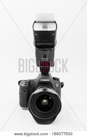 GOMEL BELARUS - May 12 2017: Canon 6d camera with lens on a white background. Canon is the world's largest SLR camera manufacturer