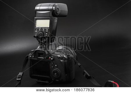 GOMEL BELARUS - May 12 2017: Canon 6d camera with lens on a black background. Canon is the world's largest SLR camera manufacturer