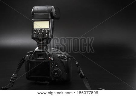 GOMEL BELARUS - May 12 2017: Canon 6d camera with lens on a black background. Canon is the world's largest SLR camera manufacturer