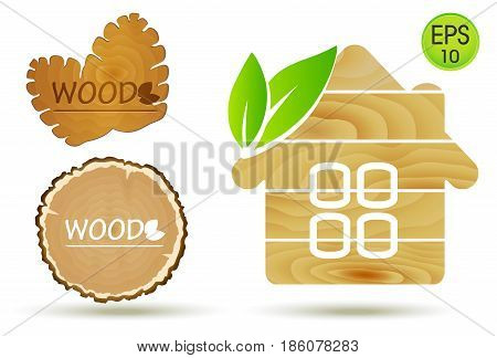 Wooden Eco House Logo. Vector Wooden set with cone and wood cut for your design