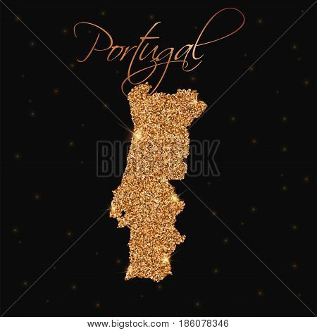 Portugal Map Filled With Golden Glitter. Luxurious Design Element, Vector Illustration.