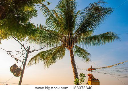 Beautiful Beach With A Cafe In Sanur With Local Traditional Boats Palm Trees On The Island Of Bali A