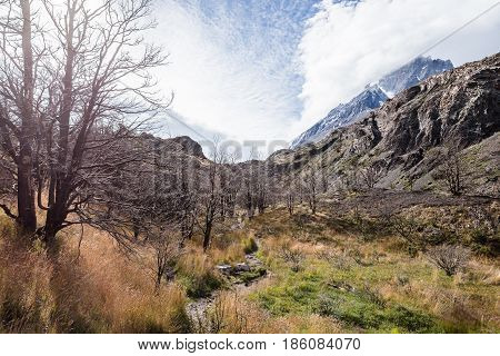 View of mountains, Paine Grande side of Torres del Paine National Park in Chile