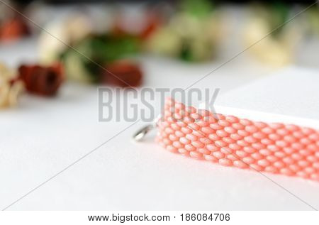 Handmade Beaded Bracelet Coral Color Close Up