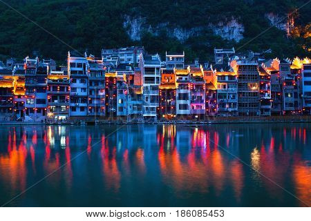 Zhenyuan Ancient Town on Wuyang river in Guizhou Province, China. It is under the administration of the Qiandongnan Miao and Dong Autonomous Prefecture.