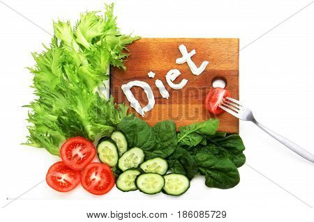 Lettuce Frize, Spinach, Tomatoes, Word Diet, Written Mascarpone, Sour Cream. Fork With Slice Tomato.