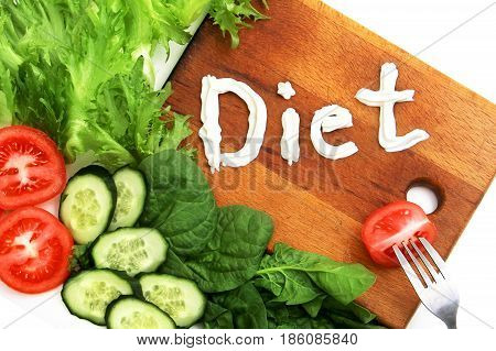 Lettuce Frize, Spinach, Tomatoes, Word Diet, Written Mascarpone, Sour Cream. Fork With Slice Tomato.