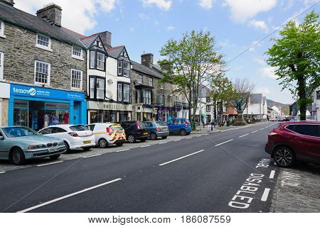 Bala Wales UK - May 3 2017: The high street in Bala a market town in the county of Gwynedd with a traditional Welsh speaking population and roots dated to Roman times
