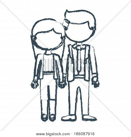 blurred blue contour faceless couple woman with long hair with man in formal style and taken hands vector illustration