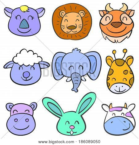 Vector art animal head colorful doodles collection stock
