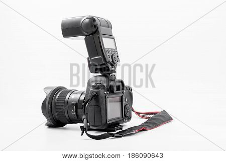 GOMEL BELARUS - May 12 2017: Canon 6d camera with lens on a white background. Canon is the world's largest SLR camera manufacturer