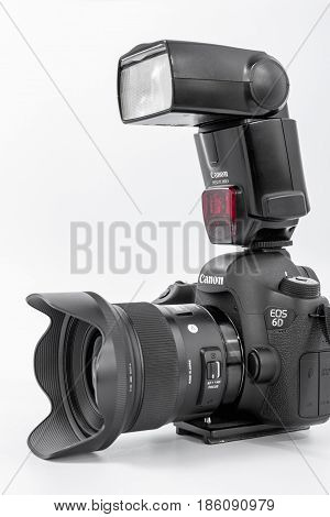 GOMEL BELARUS - May 12 2017: Canon 6d camera with lens on a white background. Canon is the world's largest SLR camera manufacturer