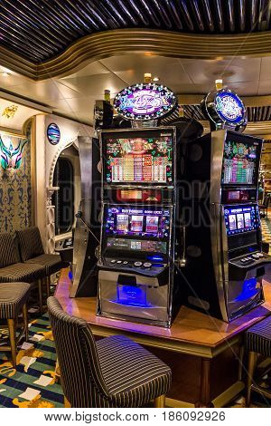 Cruise liner Costa Mediterranea - May 9, 2017: Gaming slot machines in gambling casino Cruise liner Costa Mediterranea