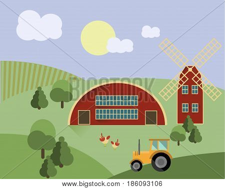 Farm with animals, tractor, mill and plants agriculture illustration vector fresh