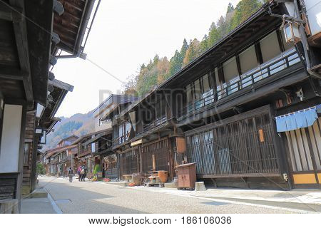 Naraijyuku historical house street in Kiso Nagano Japan. Naraijyuku is famous for preserved traditional houses and accommodation.