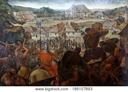 ZAGREB, CROATIA - FEBRUARY 15: Battle of Kaptol and Gradec, the Bloody Bridge, painted by Jozo Kljakovic 1928, Zagreb, Croatia, on February 15, 2015.