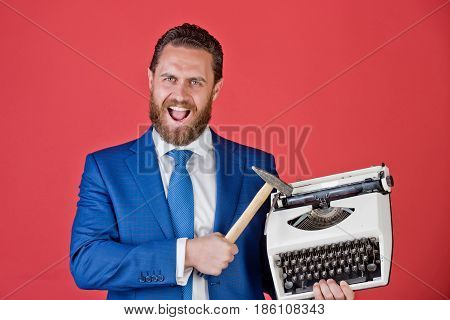 Business Man, Aggressive Businessman With Typewriter And Hammer