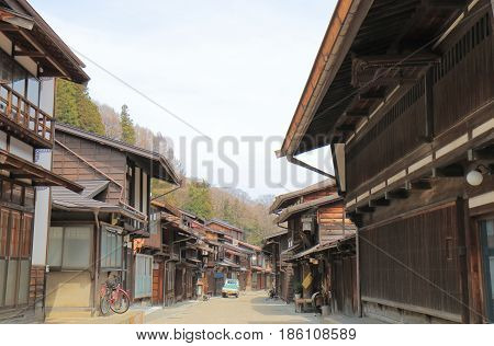 Naraijyuku historical house street in Kiso Nagano Japan. Naraijyuku is famous for preserved traditional houses and accommodation.