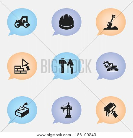 Set Of 9 Editable Building Icons. Includes Symbols Such As Construction Tools, Scrub, Caterpillar And More. Can Be Used For Web, Mobile, UI And Infographic Design.
