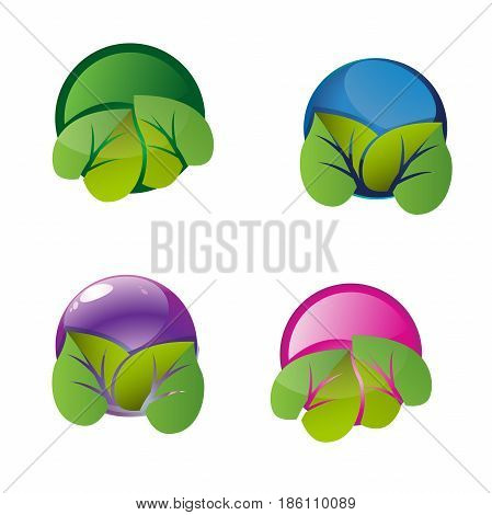 Organic products company vector logo design template. Glossy sphere surrounded by leaves vector illustration