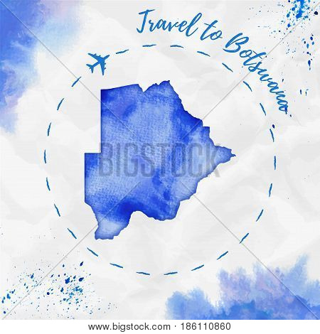 Botswana Watercolor Map In Blue Colors. Travel To Botswana Poster With Airplane Trace And Handpainte