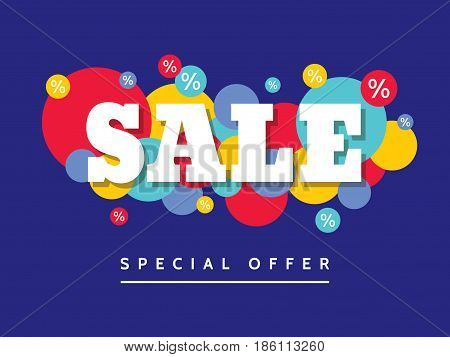 Sale - creative vector horizontal banner illustration with colored circles on blue background. Special offer promotion advertising layout. Abstract decorative design elements.