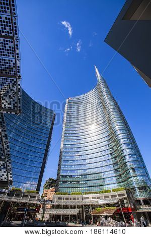 MILAN ITALY - APRIL 28 2017: Modern skyscrapers at Porta Nuova in Milan Italy. Porta Nuova is the main business district of Milan.
