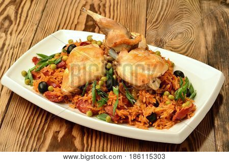 Cooking concept. Deliciously prepared foodon an old wooden board.