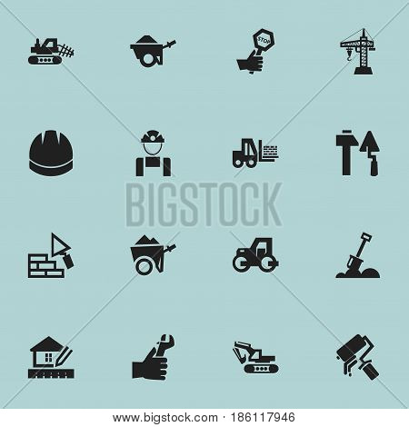 Set Of 16 Editable Construction Icons. Includes Symbols Such As Caterpillar, Oar, Home Scheduling And More. Can Be Used For Web, Mobile, UI And Infographic Design.