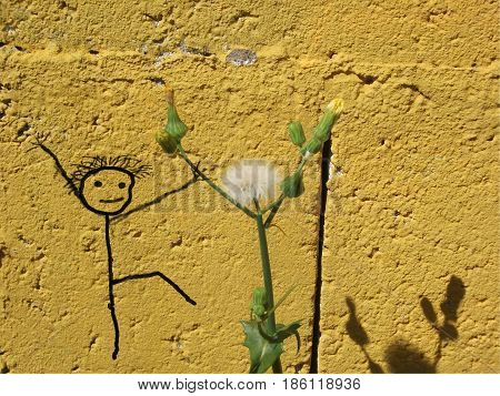 Plant near a wall that has a picture of a child who wants to hug